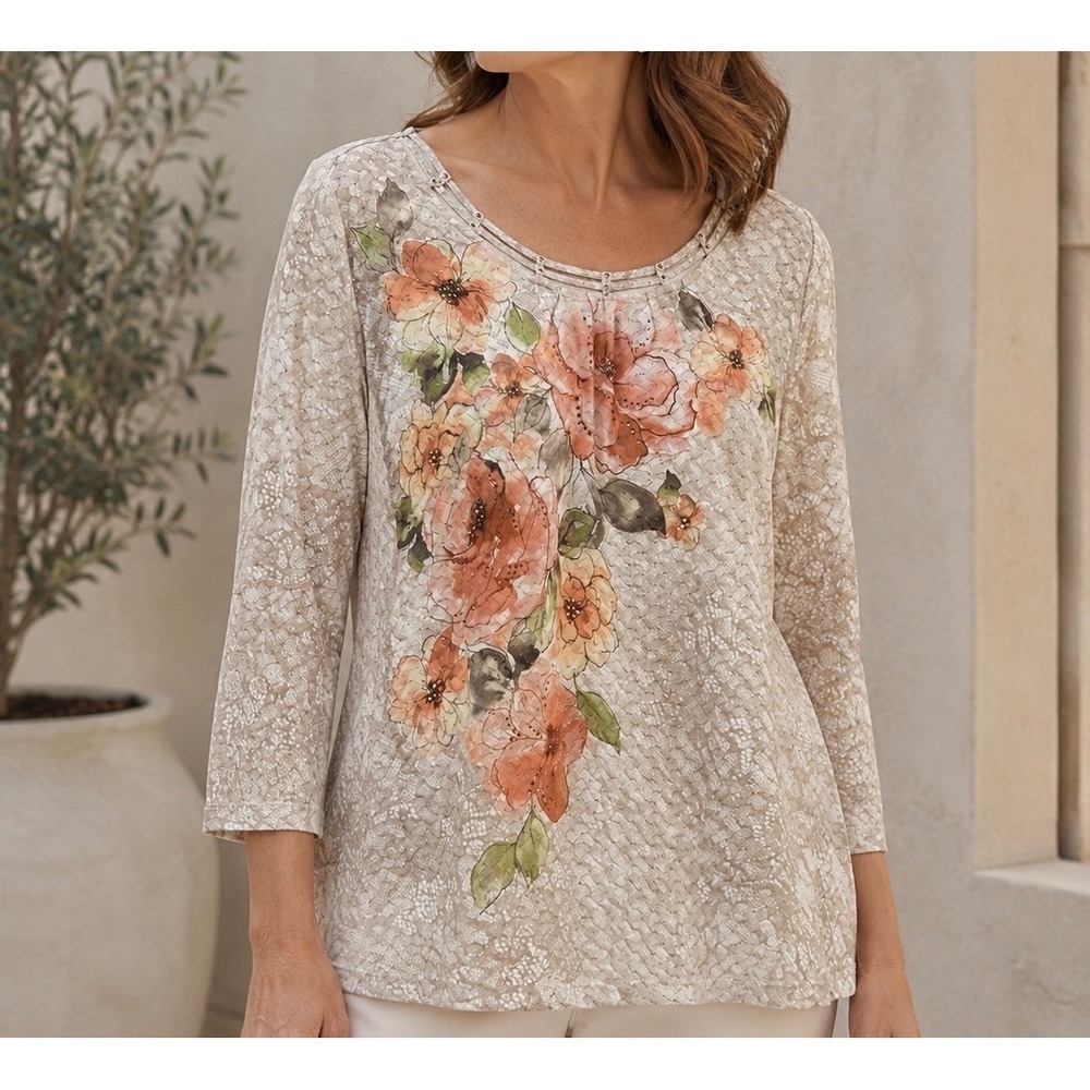 Alfred Dunner Woman 3X Floral Lace Print Embellished 3/4 Sleeve Top Beige Orange